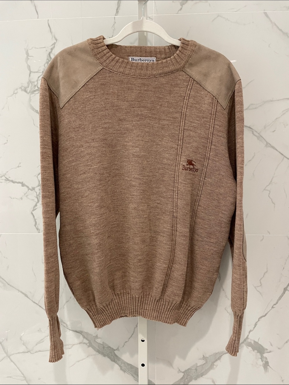 Burberry Tan/Brown Men's Crewneck Sweater with Shoulder & Elbow Patches, L